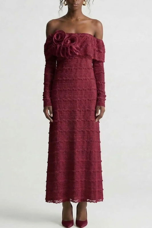 Sahasra Off Shoulder Floral Maxi Dress - Red
