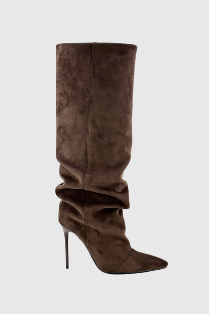 Sailor Suede Ruched Knee High Boots - Brown