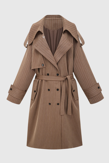 Sakley Striped Trench Coat & Trousers Set - Brown