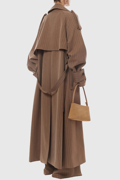 Sakley Striped Trench Coat & Trousers Set - Brown