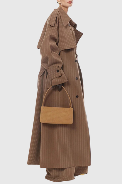 Sakley Striped Trench Coat & Trousers Set - Brown