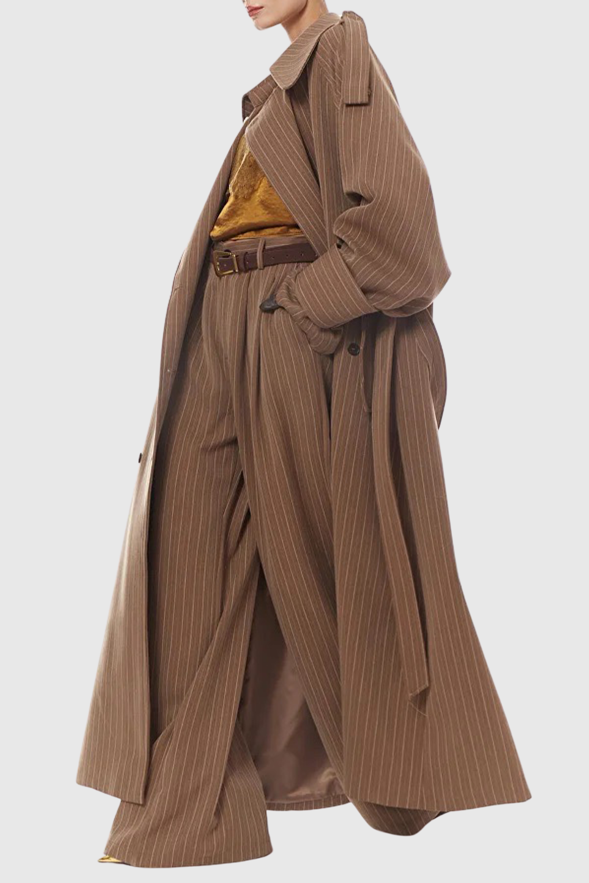 Sakley Striped Trench Coat & Trousers Set - Brown