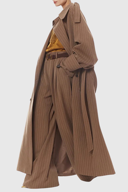 Sakley Striped Trench Coat & Trousers Set - Brown