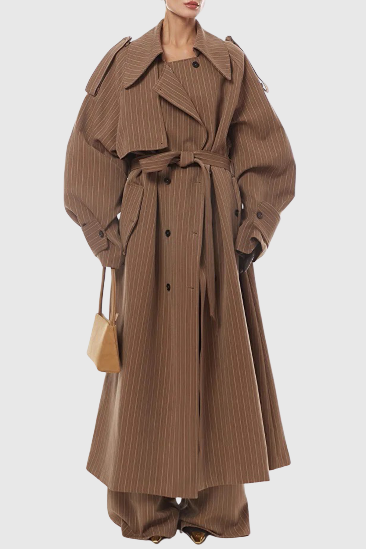 Sakley Striped Trench Coat & Trousers Set - Brown