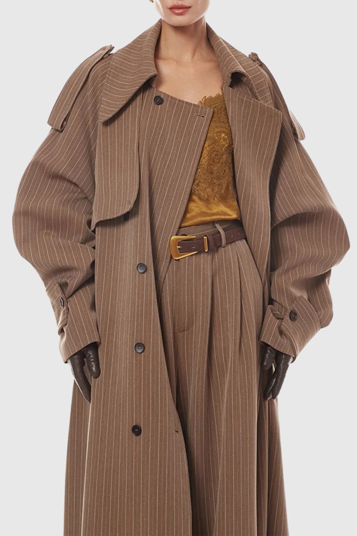 Sakley Striped Trench Coat & Trousers Set - Brown