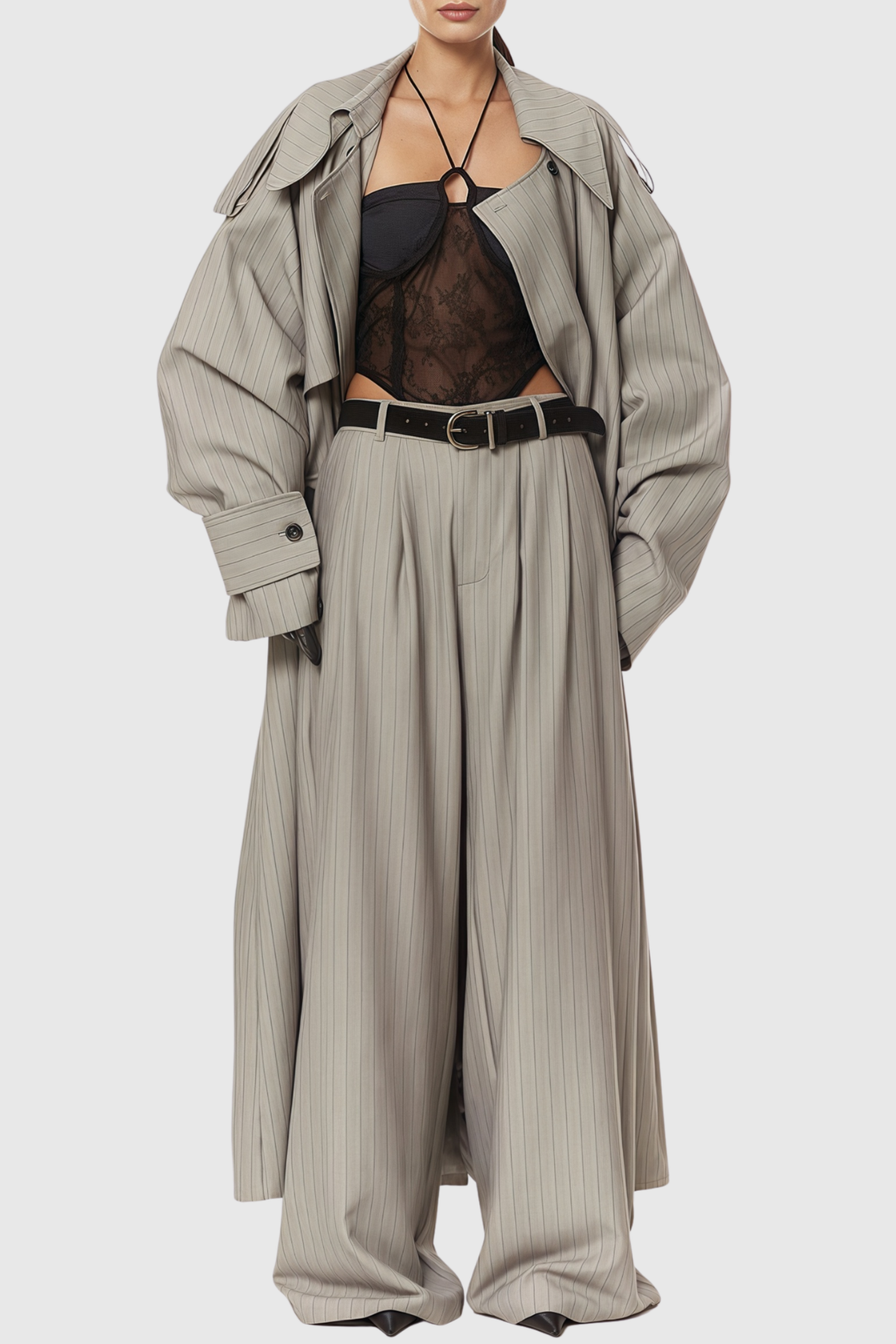 Sakley Striped Trench Coat & Trousers Set - Grey