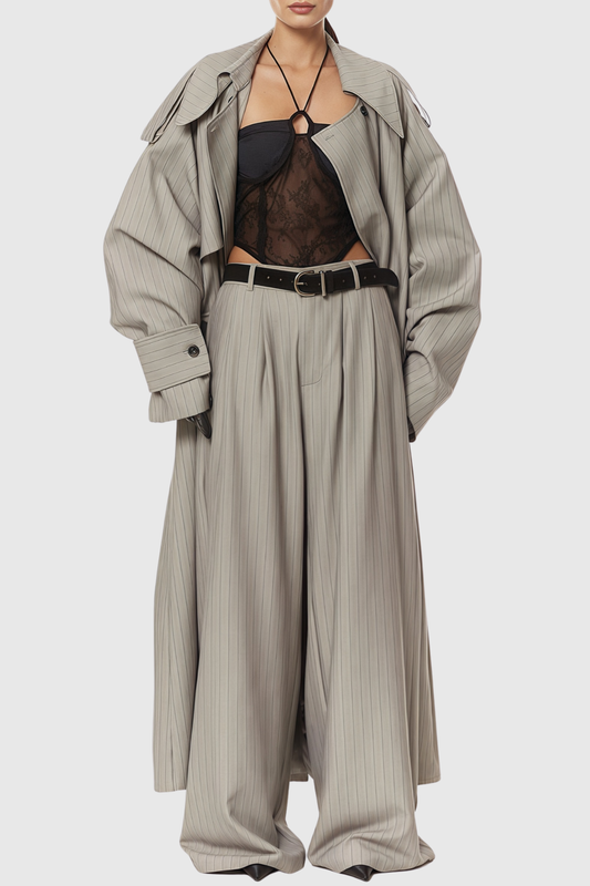 Sakley Striped Trench Coat & Trousers Set - Grey