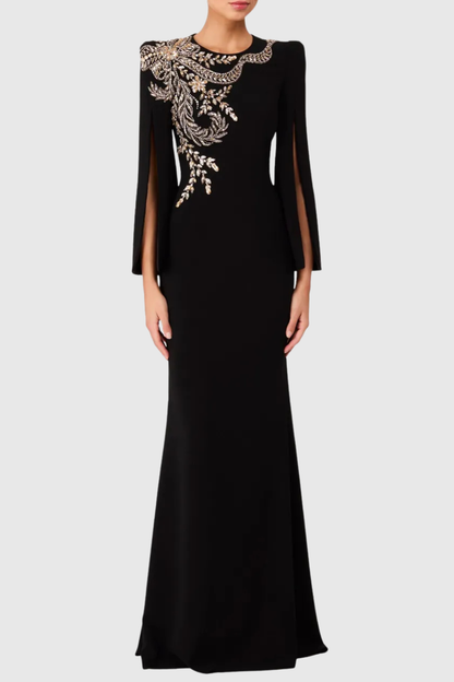 Salama Crystal Embellished Slit-sleeve Maxi Dress - Black
