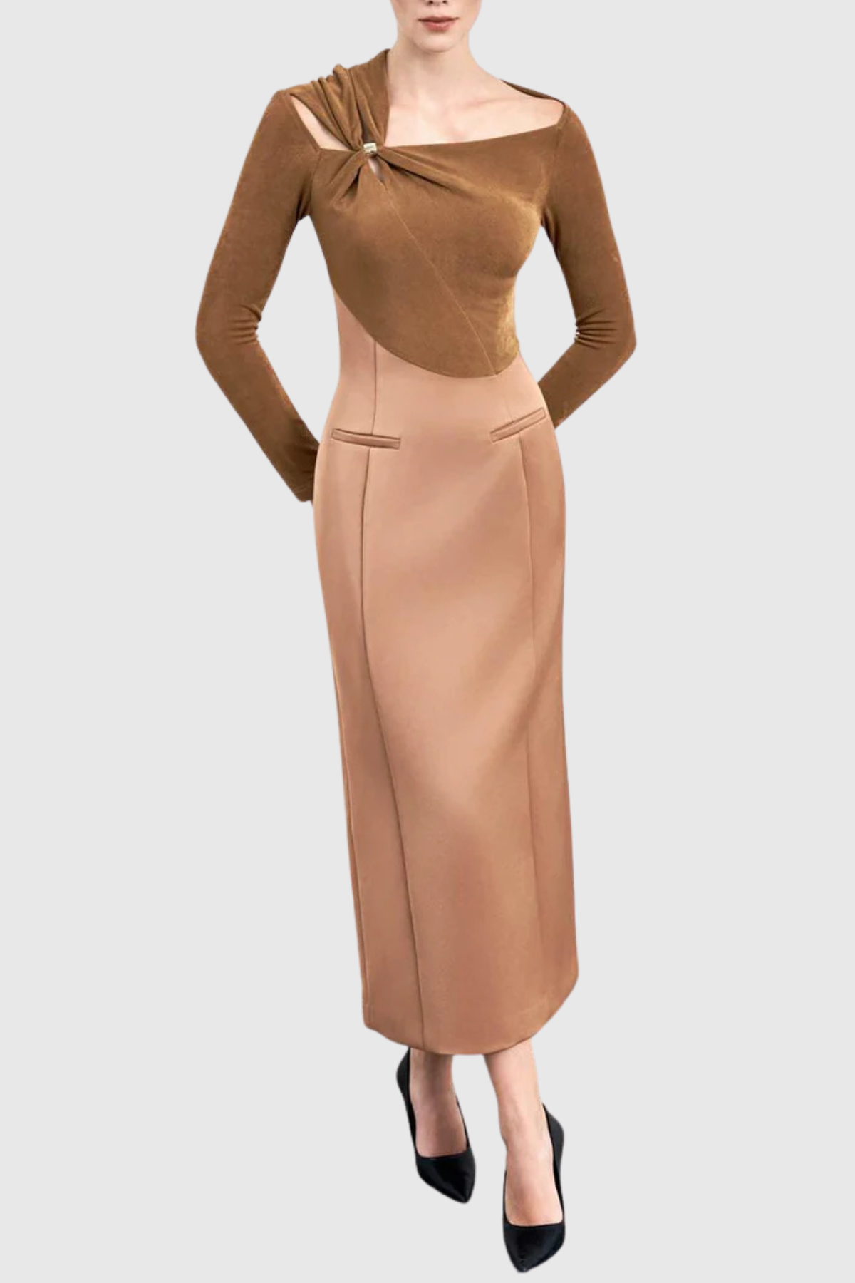 Samaro Asymmetric Cutout Panel Midi Dress - Brown