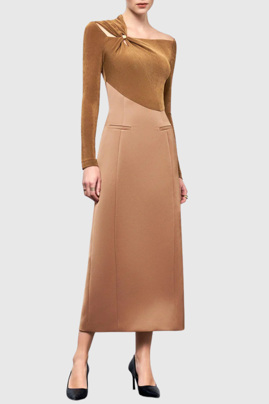 Samaro Asymmetric Cutout Panel Midi Dress - Brown