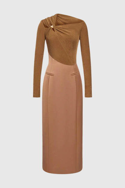 Samaro Asymmetric Cutout Panel Midi Dress - Brown