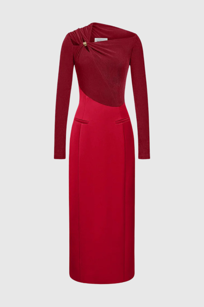 Samaro Asymmetric Cutout Panel Midi Dress - Red