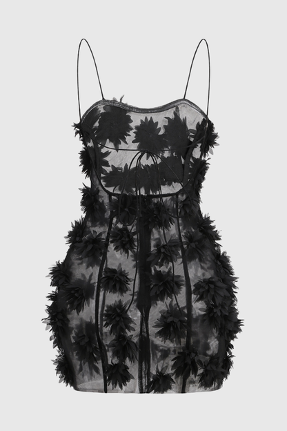 Samir Floral Appliqué Mesh Mini Dress - Black