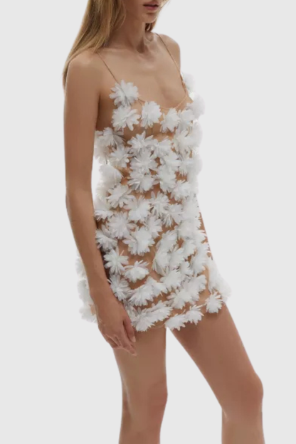 Samir Floral Appliqué Mesh Mini Dress - White