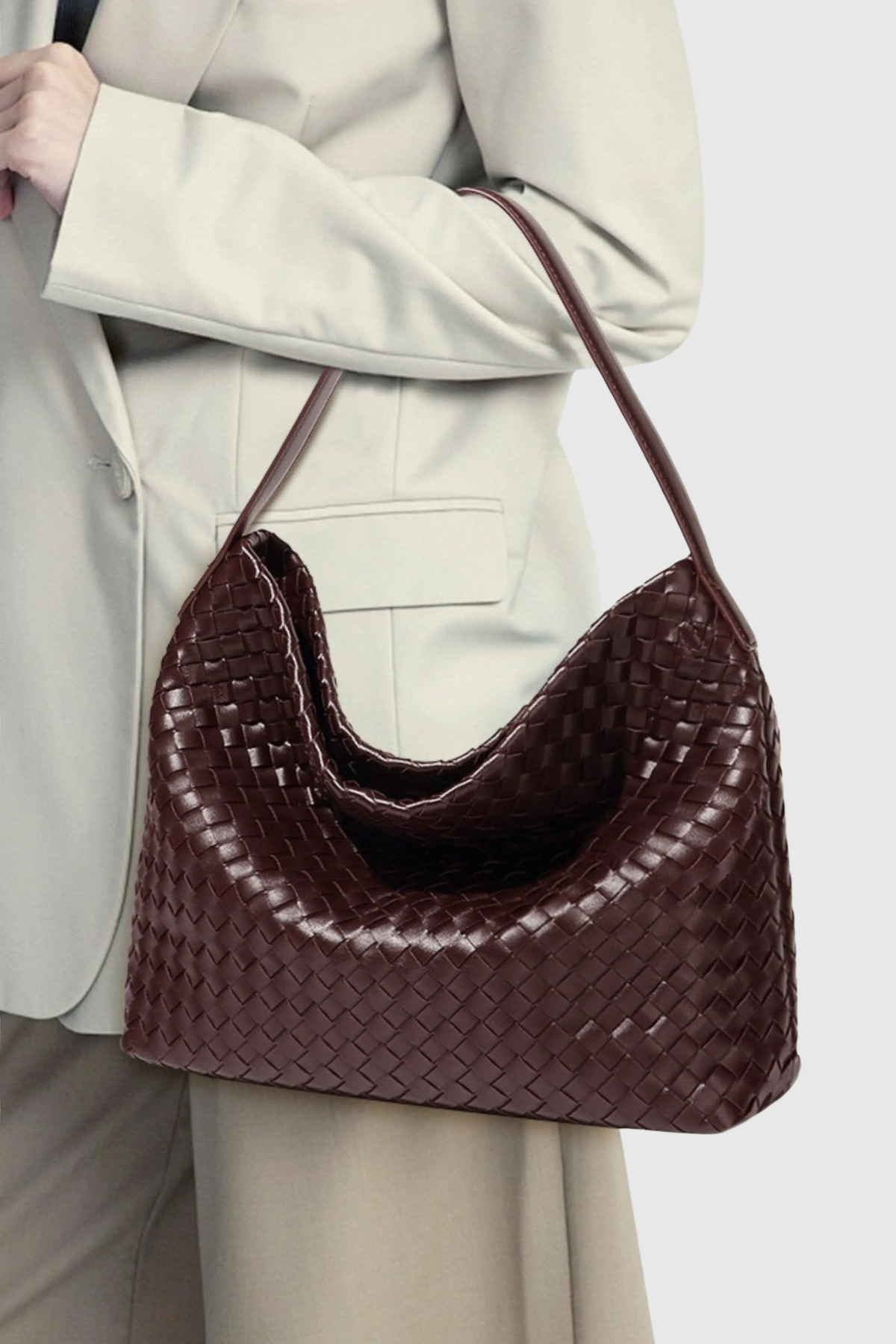 Samiya Leather Woven Tote Bag - Wine