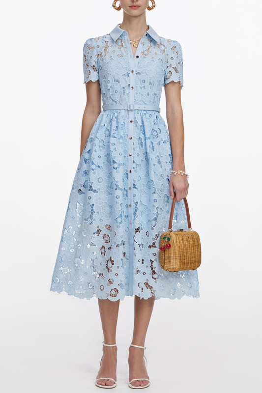 Santia Floral Lace Belted Midi Dress