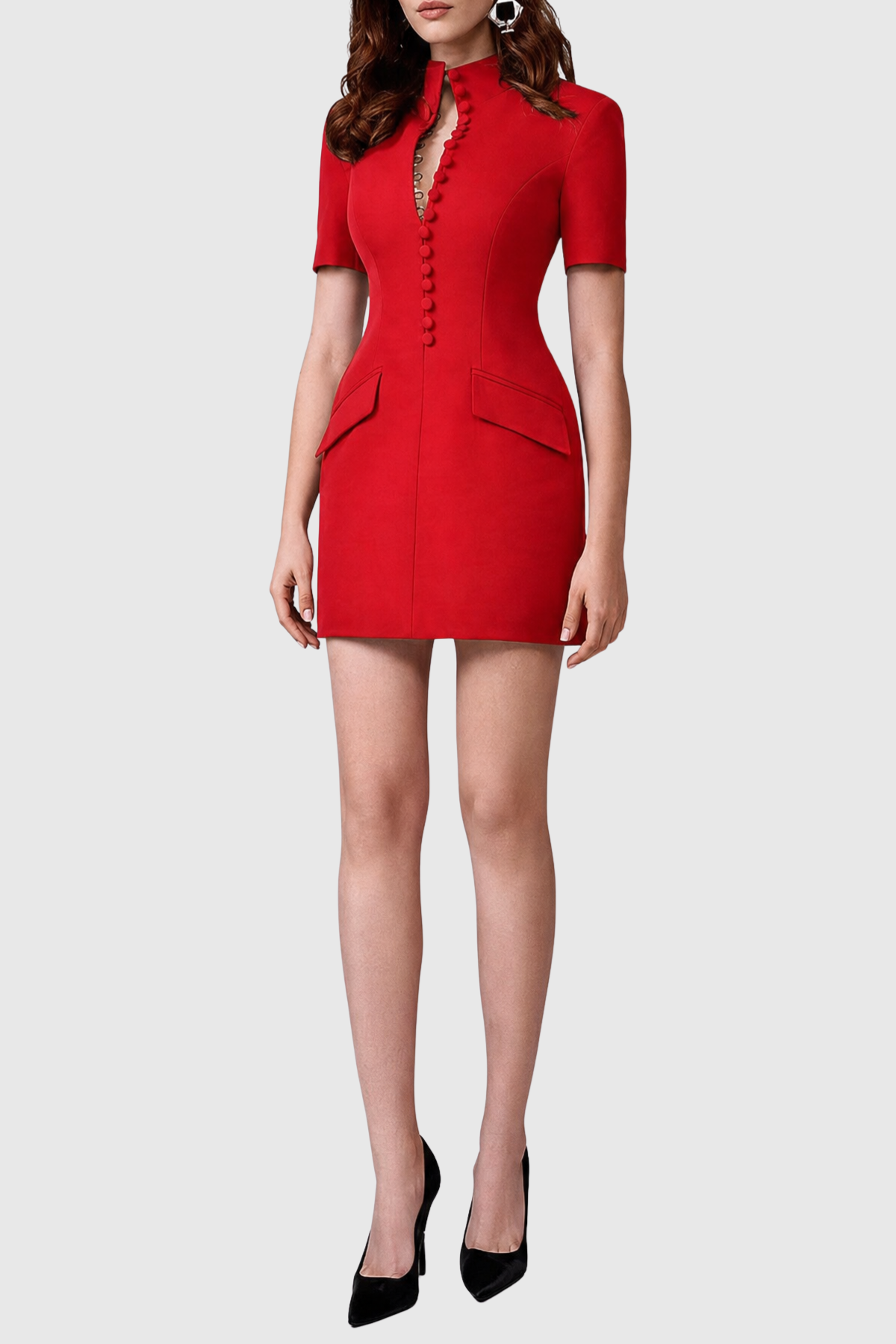 Savita Buttoned Mini Dress - Red