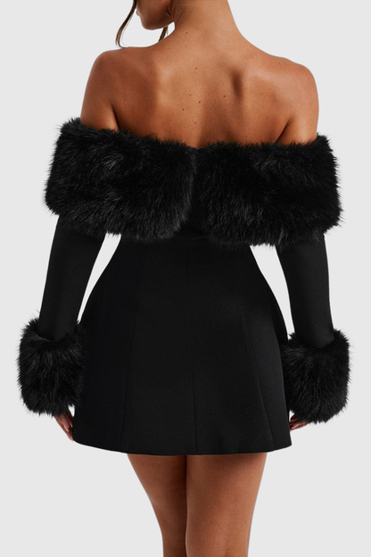 Sayur Faux Fur Off Shoulder Mini Dress