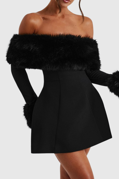 Sayur Faux Fur Off Shoulder Mini Dress