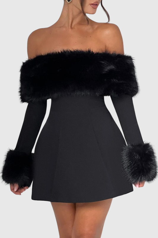 Sayur Faux Fur Off Shoulder Mini Dress