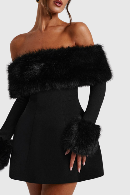 Sayur Faux Fur Off Shoulder Mini Dress
