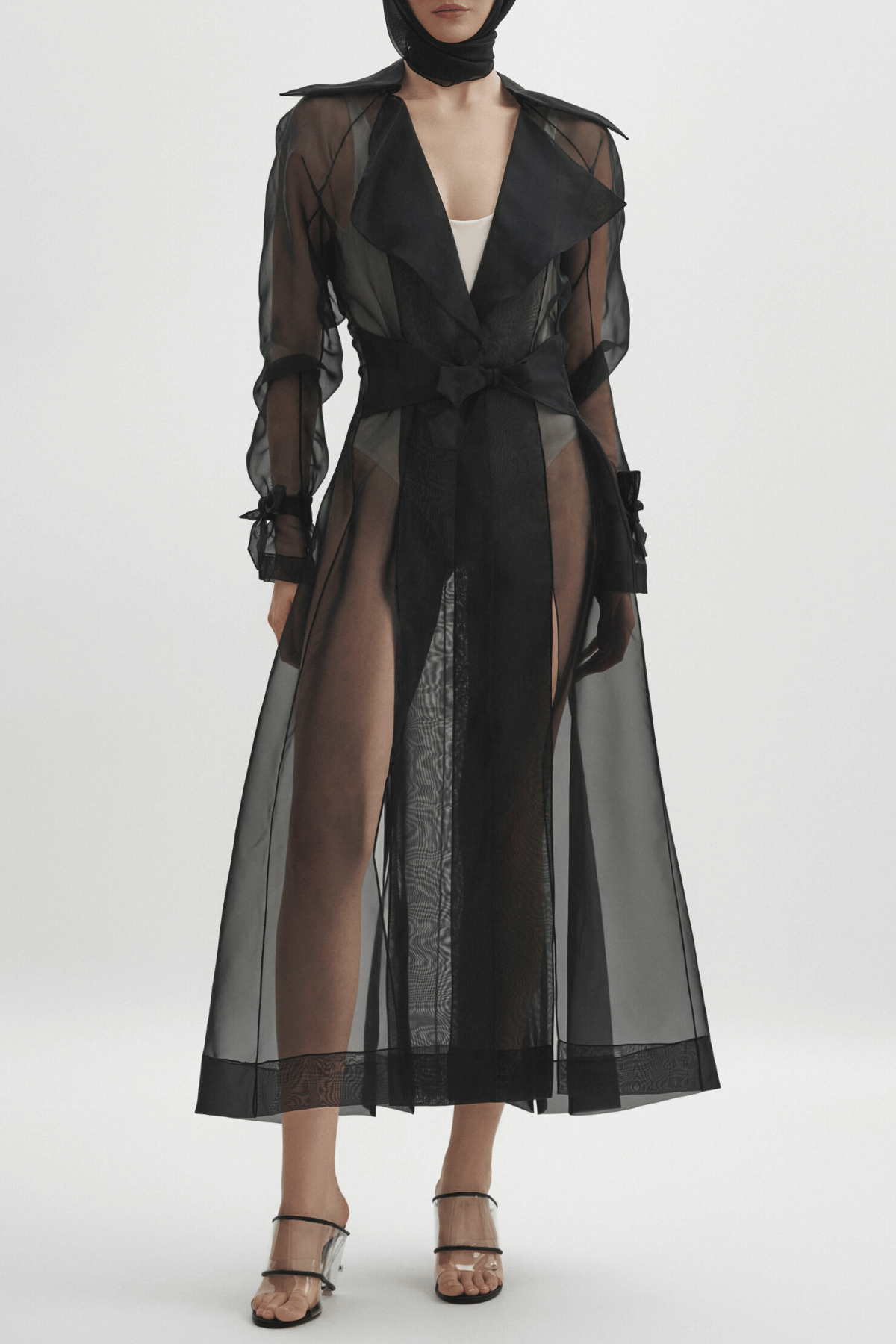 Sazwa Semi Sheer Chiffon Trench - Black
