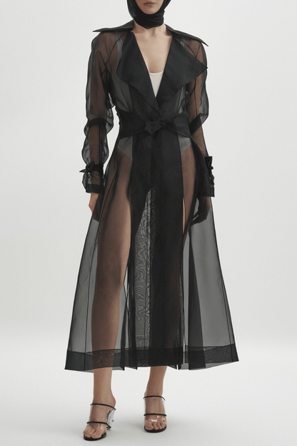 Sazwa Semi Sheer Chiffon Trench - Black