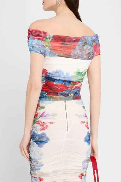 Searia Floral Off Shoulder Ruched Top & Midi Skirt Set