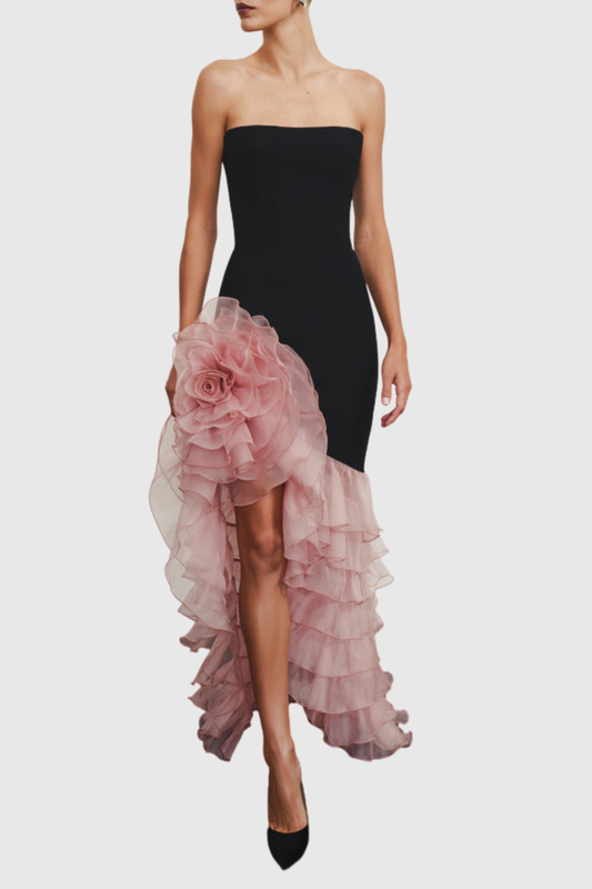 Selamua Floral Ruffle Strapless Maxi Dress