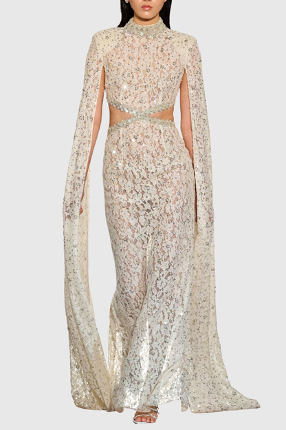 Semire Crystal Embellished Lace Cutout Maxi Dress
