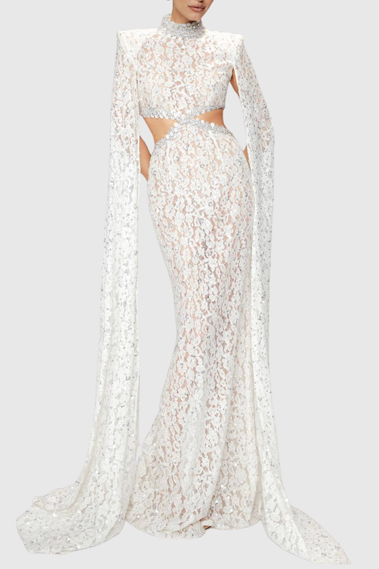 Semire Crystal Embellished Lace Cutout Maxi Dress