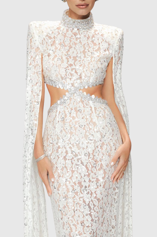 Semire Crystal Embellished Lace Cutout Maxi Dress