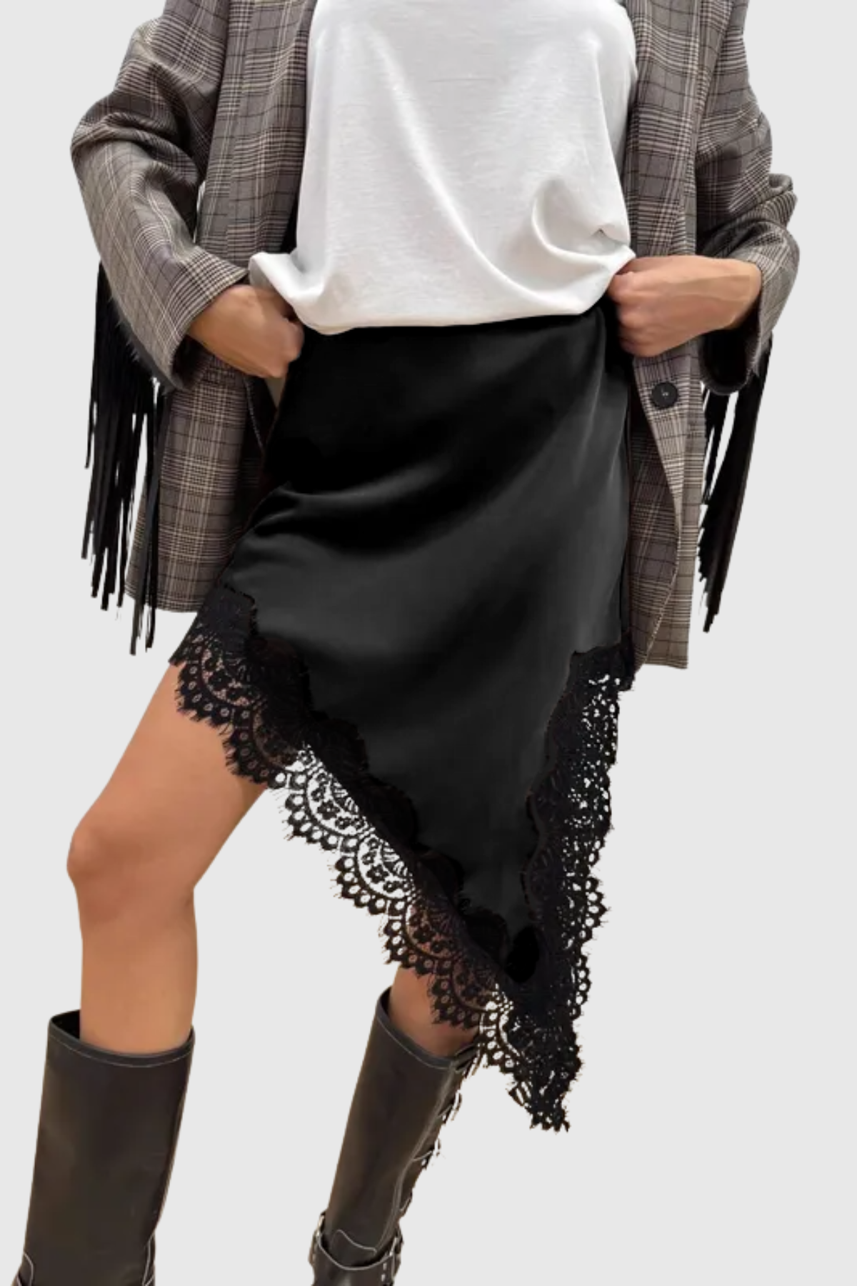 Senja Lace Trim Satin Mini Skirt - Black