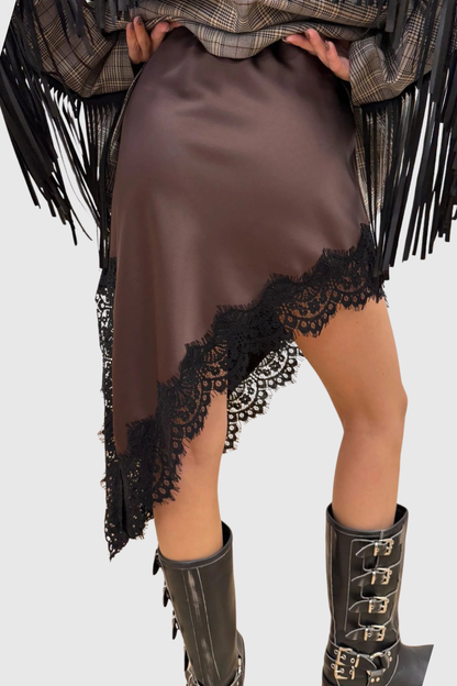 Senja Lace Trim Satin Mini Skirt - Brown