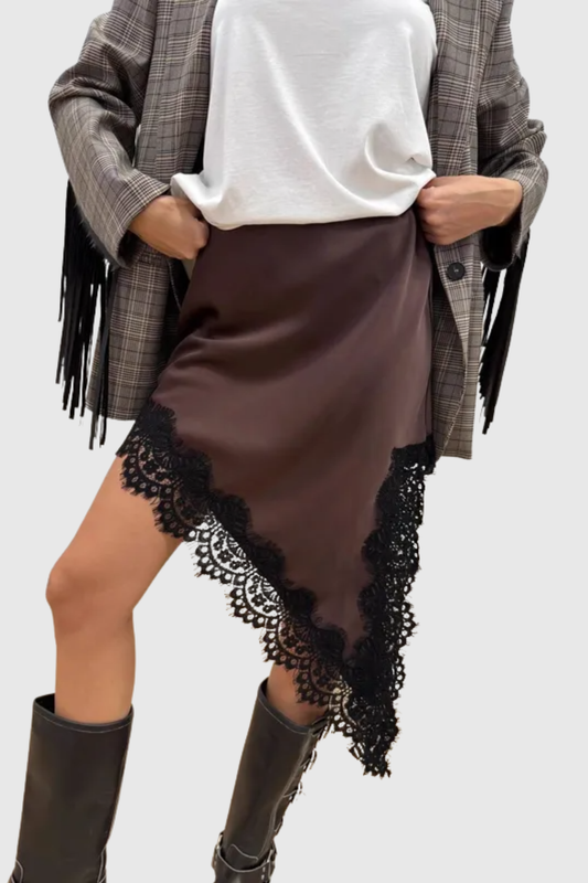 Senja Lace Trim Satin Mini Skirt - Brown