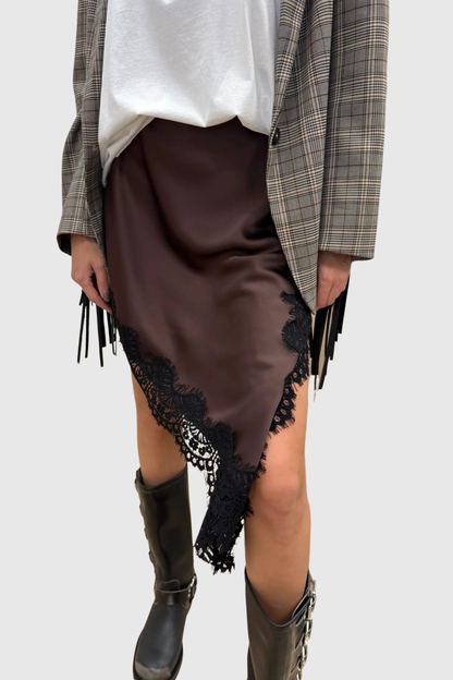 Senja Lace Trim Satin Mini Skirt - Brown
