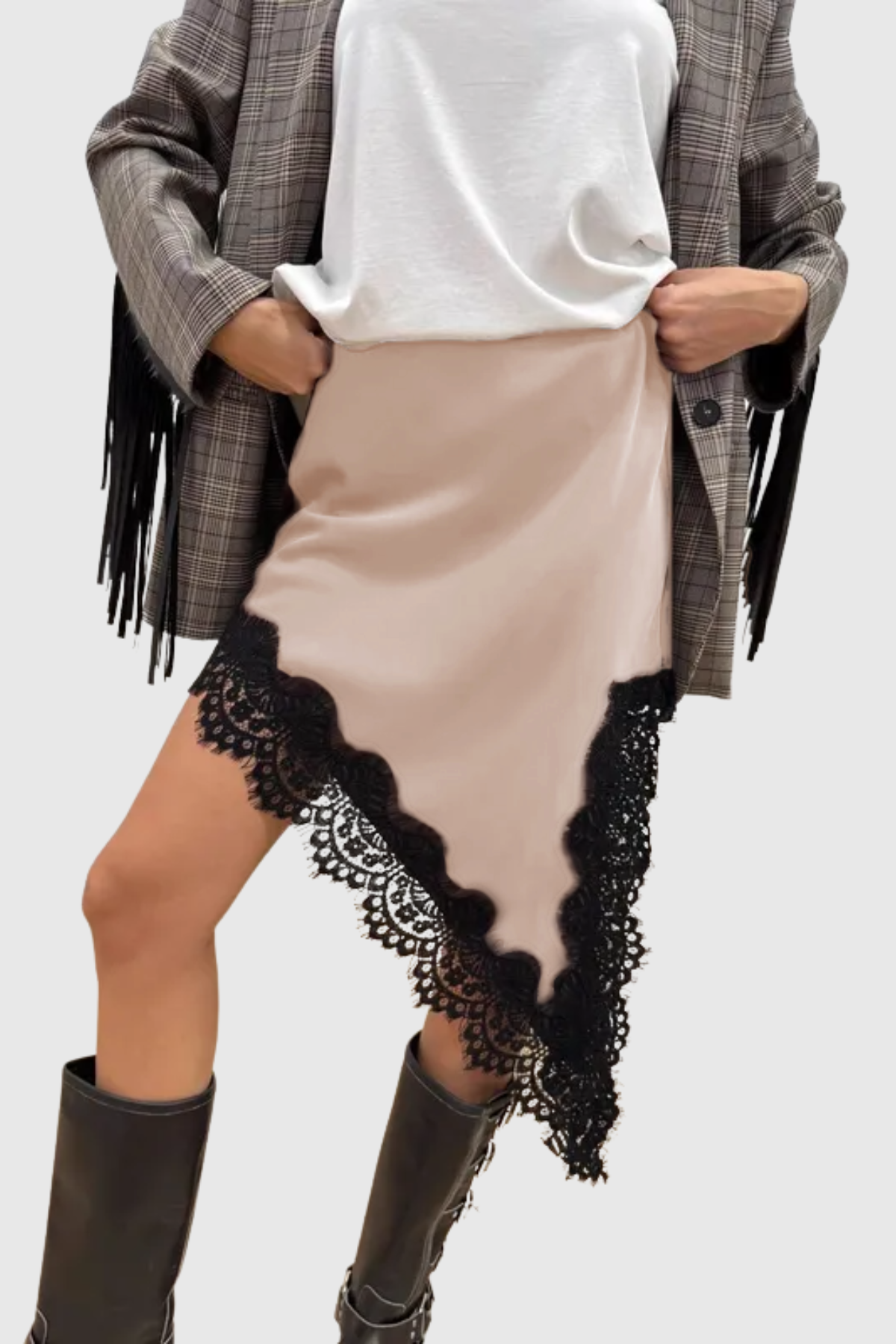 Senja Lace Trim Satin Mini Skirt - Khaki