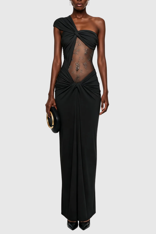 Seraphim One Shoulder Lace Maxi Dress - Black