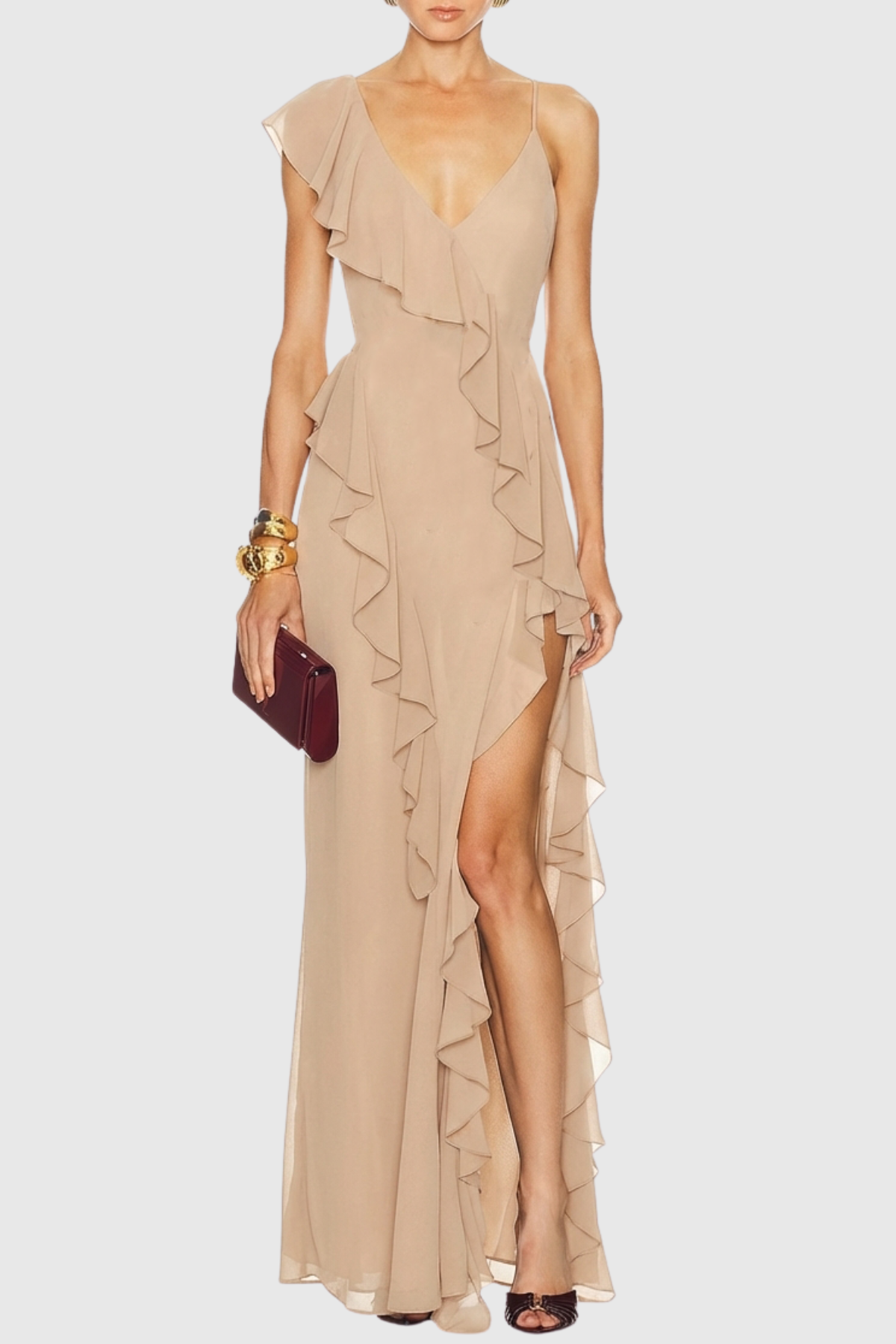 Shapha Ruffle Split Maxi Dress - Beige