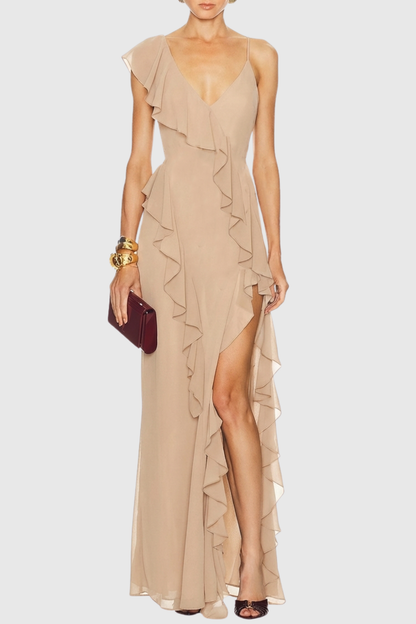 Shapha Ruffle Split Maxi Dress - Beige