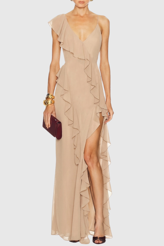 Shapha Ruffle Split Maxi Dress - Beige