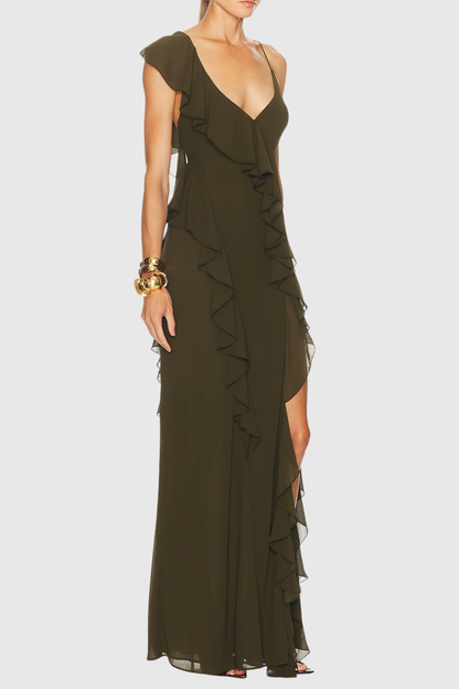 Shapha Ruffle Split Maxi Dress - Green