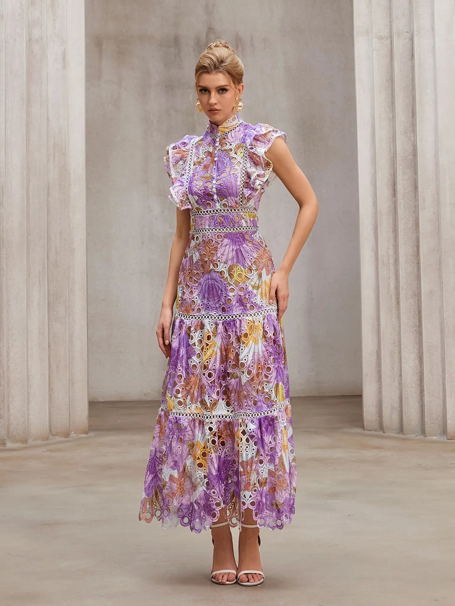 Sheer-Insert Embroidered Midi Dress