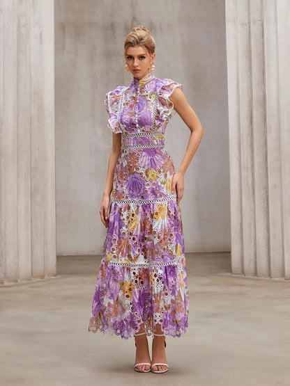 Sheer-Insert Embroidered Midi Dress