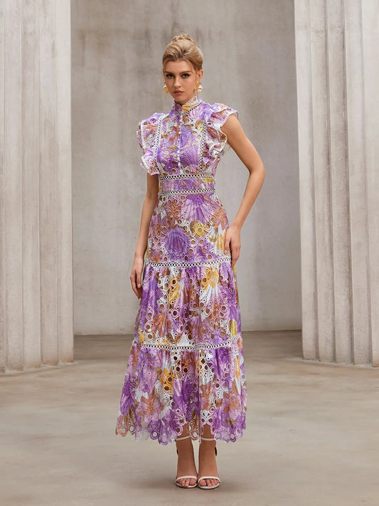 Sheer-Insert Embroidered Midi Dress