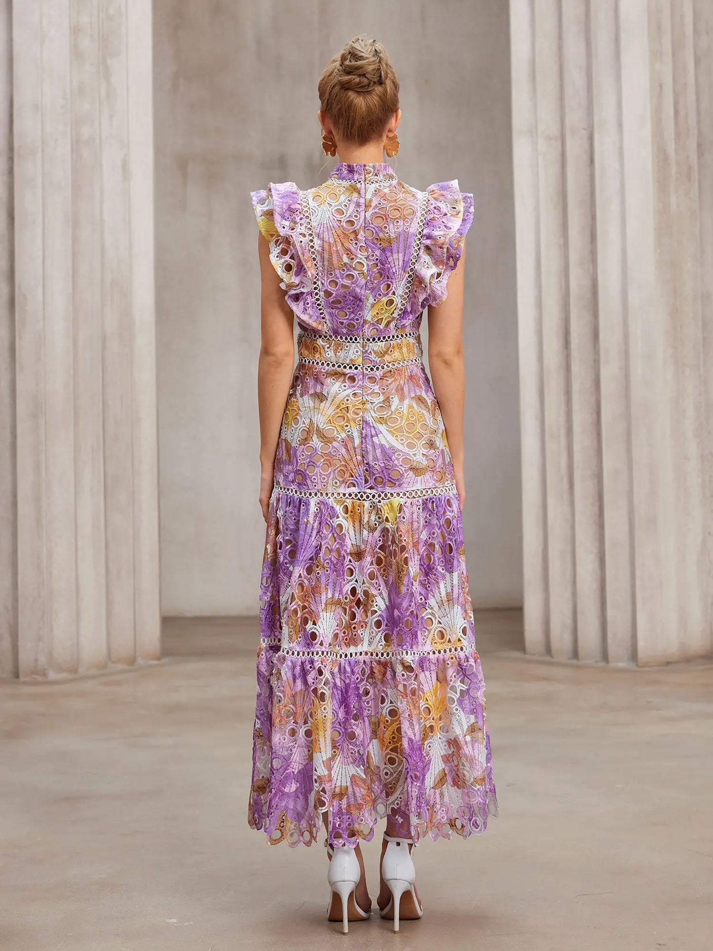 Sheer-Insert Embroidered Midi Dress