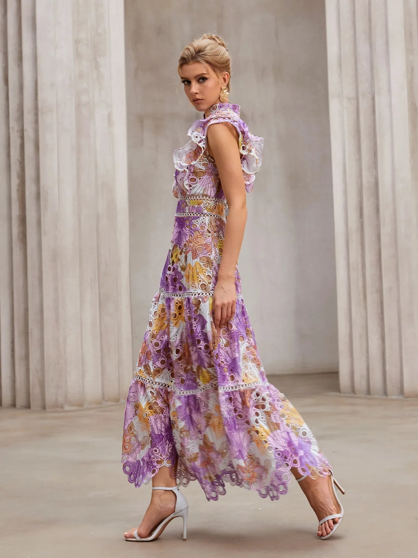 Sheer-Insert Embroidered Midi Dress