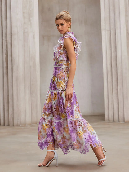 Sheer-Insert Embroidered Midi Dress