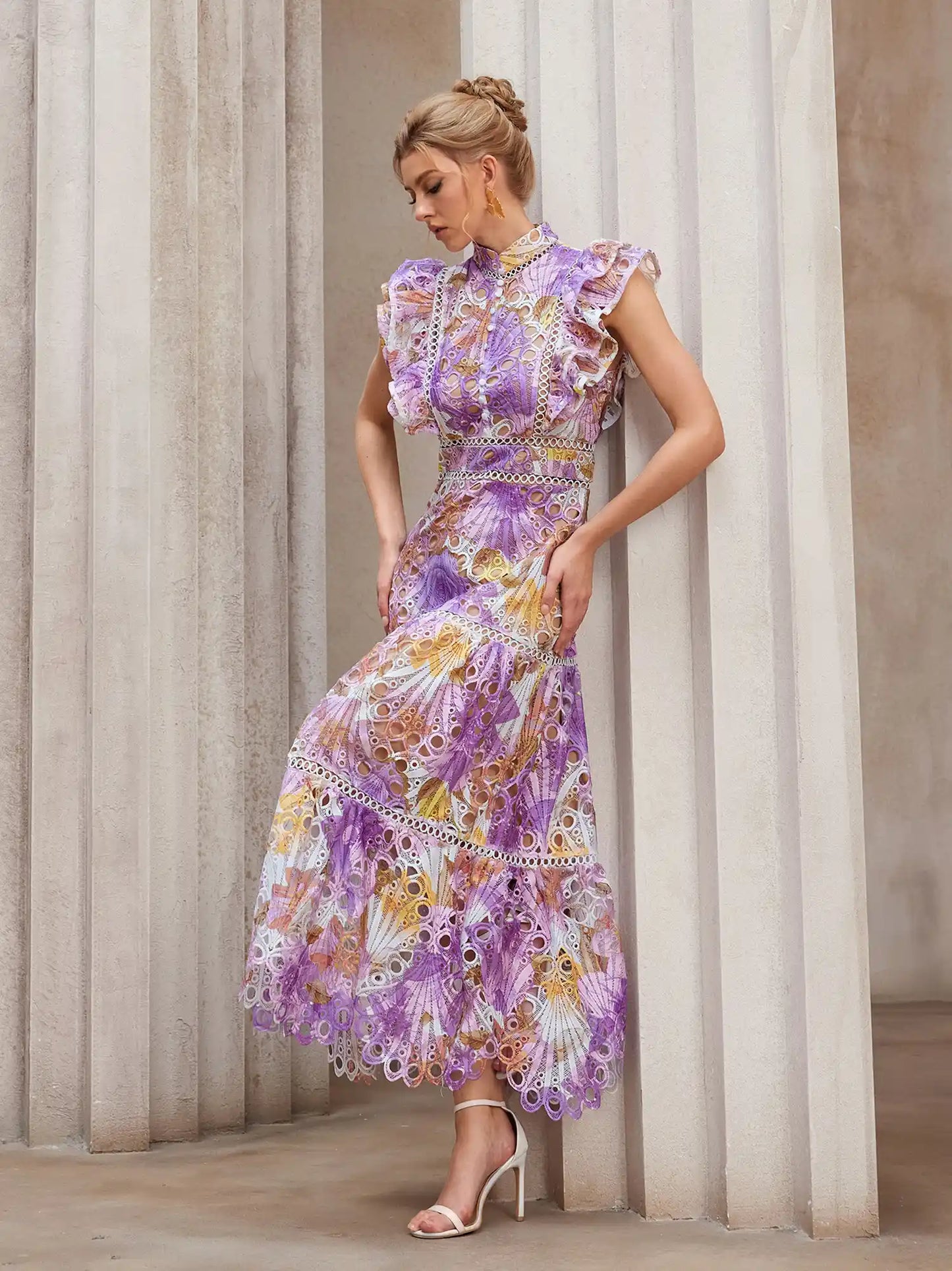 Sheer-Insert Embroidered Midi Dress