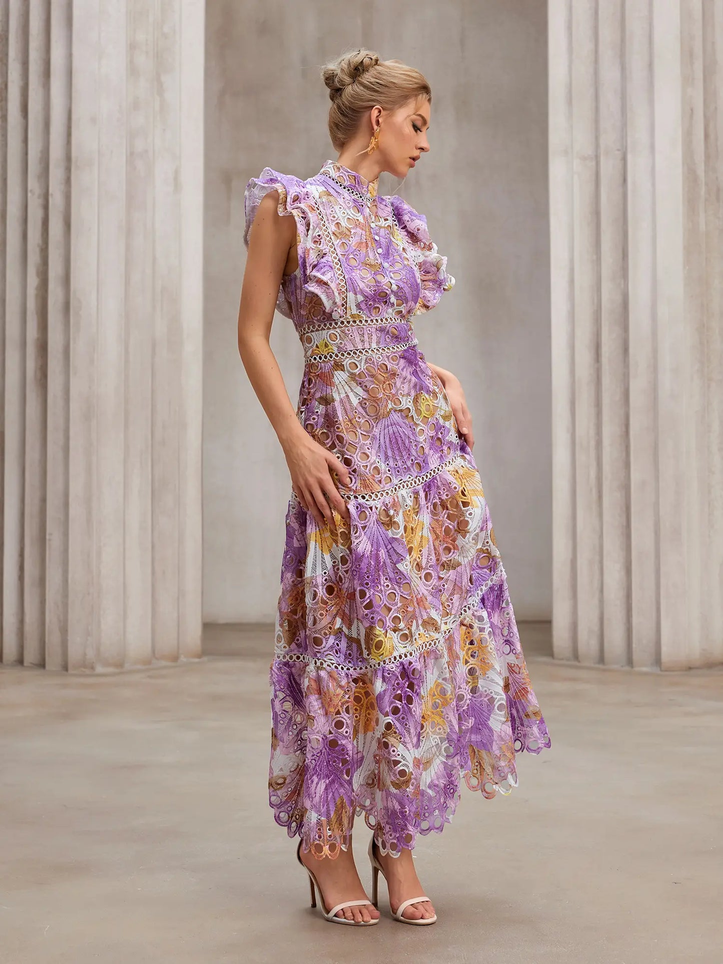 Sheer-Insert Embroidered Midi Dress